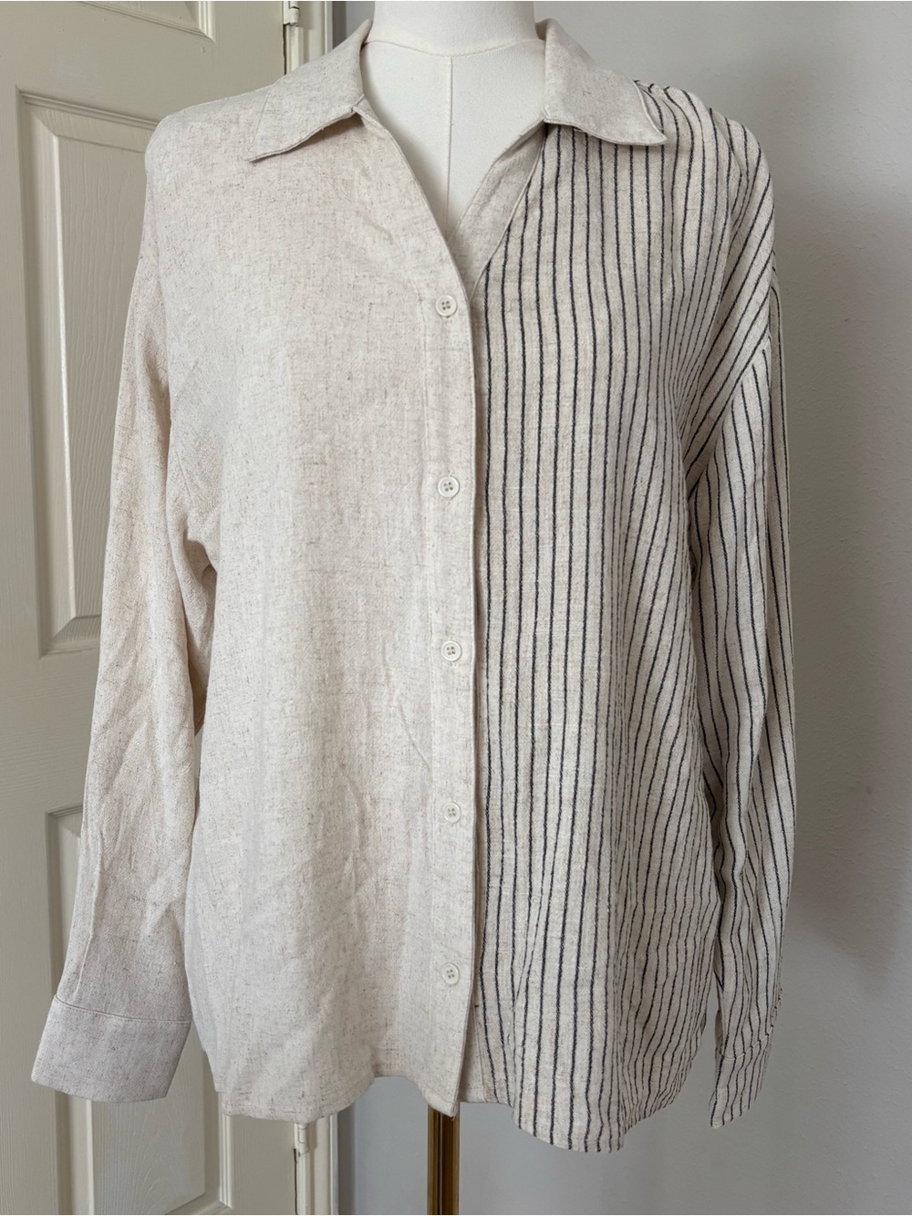 ee:some Cotton Hemp Split Stripe Colorblock Button-Up Shirt Small NWT